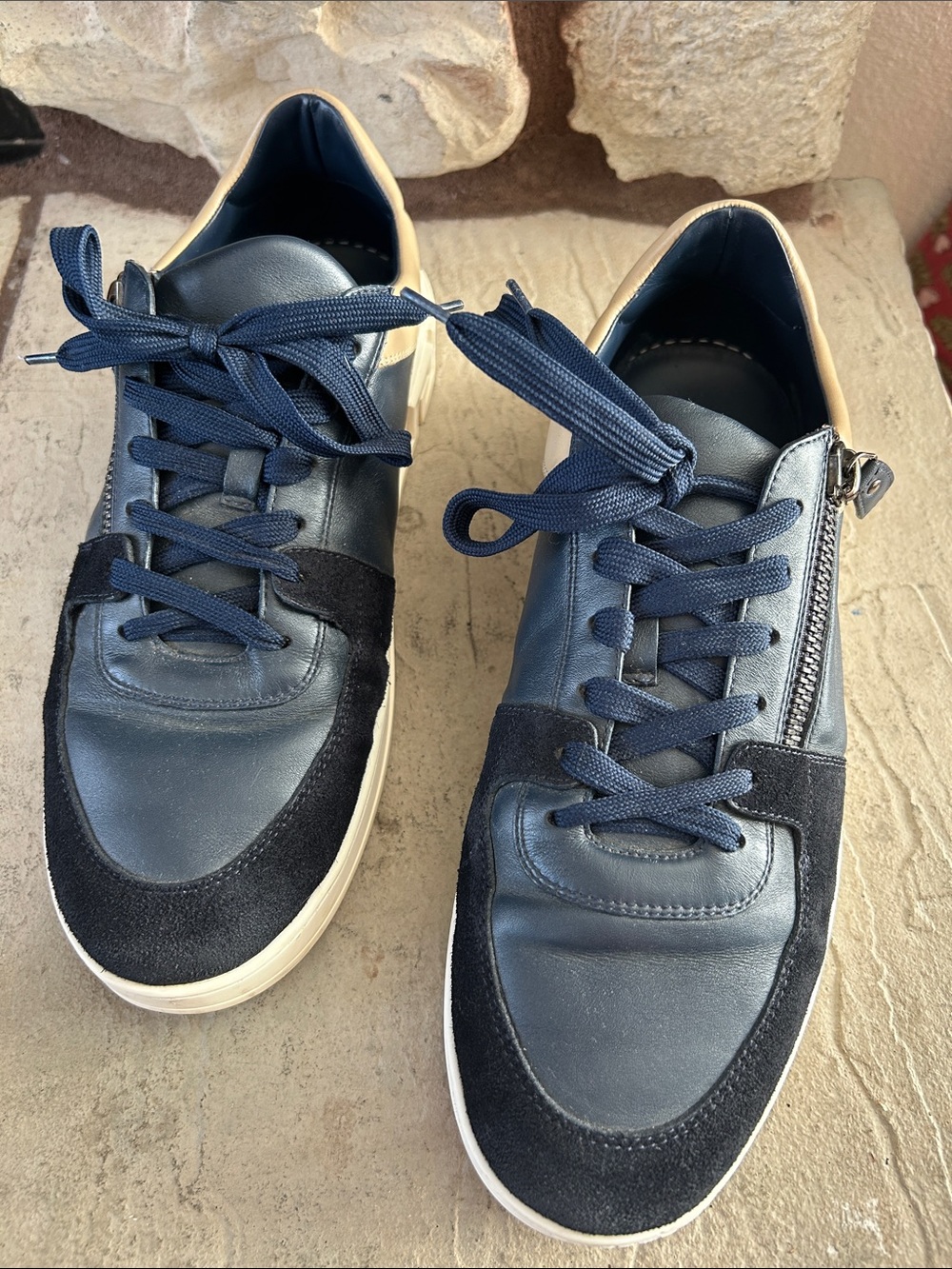 Versace Men's Navy & Cream Leather Suede Lace-Up Sneakers with Side Zip